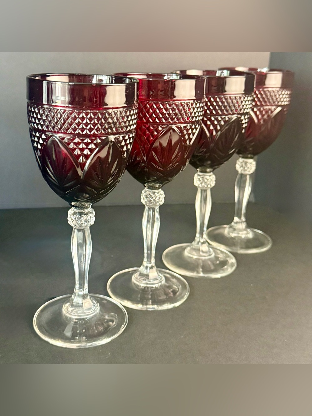 Vintage CRISTAL D'ARQUES Durand ANTIQUE RUBY RED Water Wine glasses 8" Set 4 - Picture 9 of 15